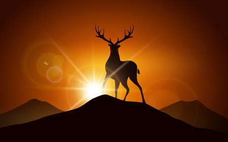 Silhouettte of deer on a mountain peak against sunset landscape.のイラスト素材