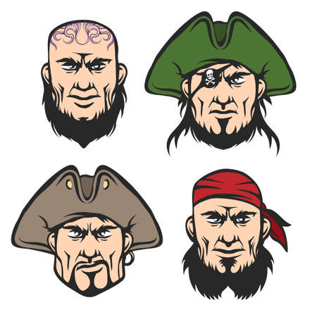 Pirate Mascot Faces Set. Cartoon  One eyed captain, boatswain, cannoneer and shipman in cartoon style. Isolated on white.のイラスト素材