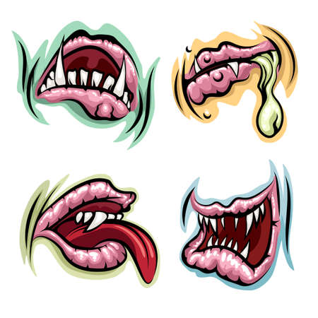 Monster mouths set. Monster lips, tongue and open mouths with teeth.のイラスト素材