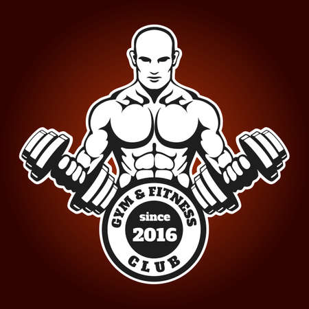 Bodybuilder with dumbbells. Weightlifting, athlete, gym, fitness club emblem or label.のイラスト素材