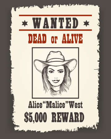 Wanted poster with Girl face in cowboy hat on dark background drawn in Retro Wild west style.のイラスト素材