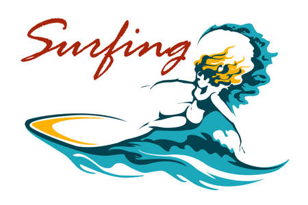 Surfing Club or Camp label with female surfer on long board riding a wave.のイラスト素材