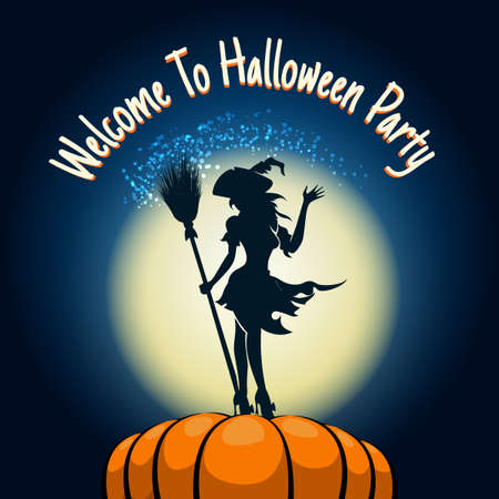 Halloween Party Invitation Poster. Witch with broom in her hands on a huge pumpkin.のイラスト素材