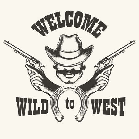 Retro poster Welcome to Wild West. Human head in cowboy hat with two guns and horseshoe.のイラスト素材