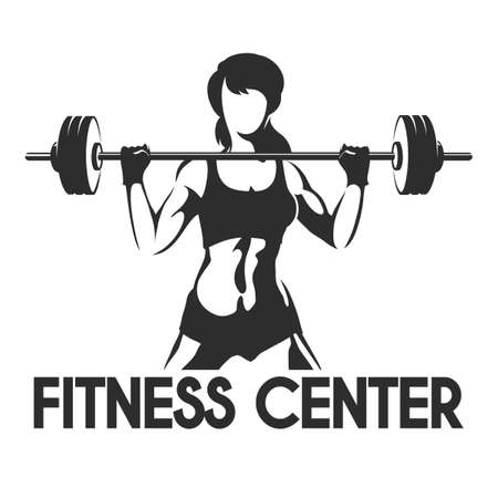 Fitness Center or Gym emblem. Sporty woman silhouette with barbell. Power lifting exercises concept.のイラスト素材