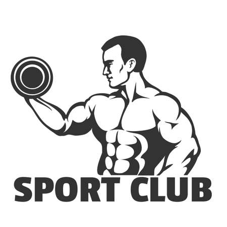 Bodybuilding. gym or sport club emblem. Bodybuilder doing exercise for biceps.のイラスト素材