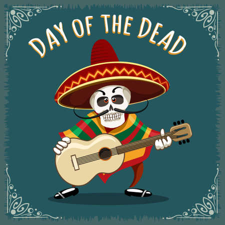 Day of the Dead illustration. Skull Mariachi guitar player drawn in cartoon style.のイラスト素材