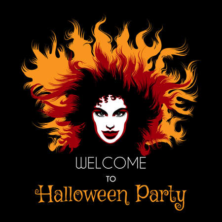Welcome to Halloween Party Poster. Long haired Woman with fiery witch makeup.のイラスト素材