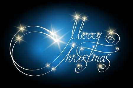 Merry Christmas poster with hand lettering and glowing stars. Vector illustration.のイラスト素材