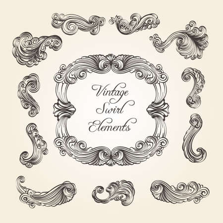 Collection of vintage flourishes and swirls. Scroll elements for frame corner and divider design. Vector illustration.のイラスト素材