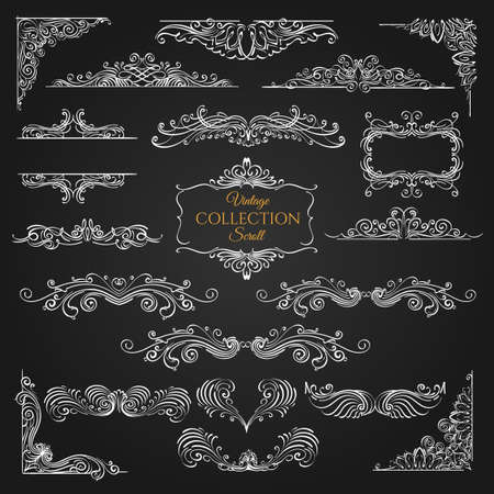 Set of vintage scroll elements on black background. Decorative swirls for your design. Vector illustration.のイラスト素材