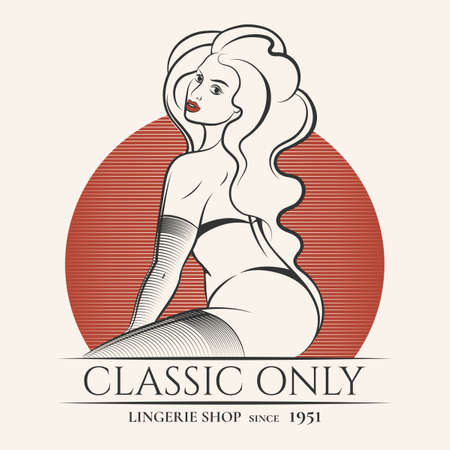 Sexy woman in black lingerie and stockings. Lingerie shop or boutique emblem drawn in retro style. Vector illustration.のイラスト素材
