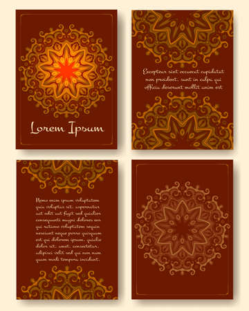 Ornate vintage pages with mandala pattern. Decorative templates for brochure, flyer, booklet in eastern motifs. Vector illustration.のイラスト素材