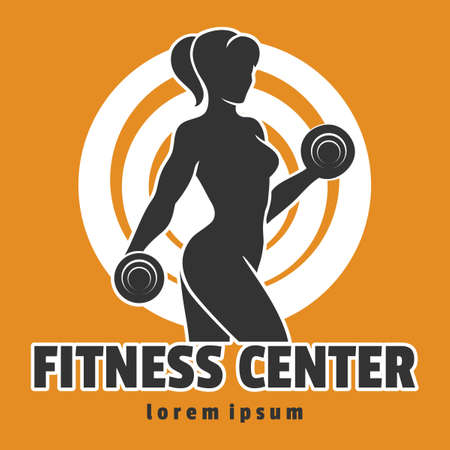 Fitness Club or Center emblem with training Woman holds dumbbells. Vector illustration.のイラスト素材