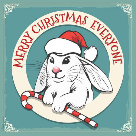 Merry Christmas hand draw greeting card in vintage style. Rabbit with Candy cane and lettering against background with grunge elements. Vector Illustration.のイラスト素材