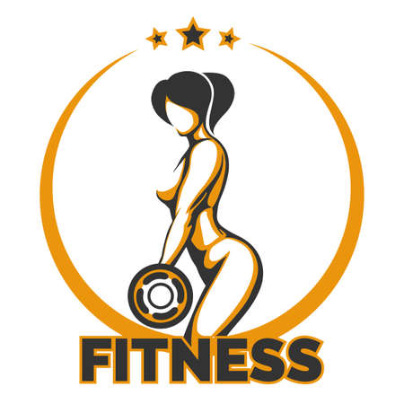 Bodybuilding or Fitness Club Template. Athletic Woman Holding Weight Silhouette. Vector illustration.のイラスト素材