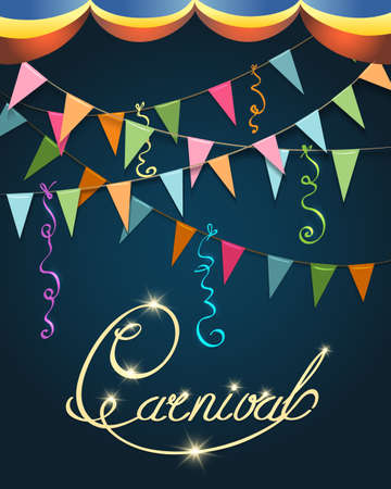 Carnival Calligraphy Colorful Poster. Festive hand written Inscription with stars, flags and serpentine. Vector illustrationのイラスト素材