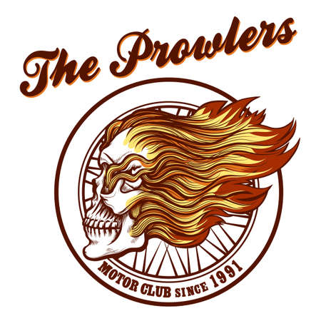 Vintage Biker Club Badge or Emblem with Skull in Flames. Vector illustration.のイラスト素材