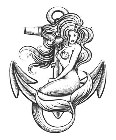 Beauty long haired siren mermaid on the anchor. Vector illustration in tattoo styleのイラスト素材