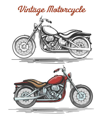 Vintage Motorcycle Set. Hand-drawn Colorful and Monochrome retro motorcycles isolated on white. Vector illustration.のイラスト素材