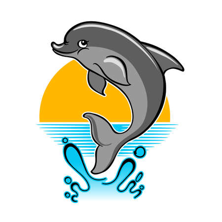 Jumping dolphin and a splash of water against sunset. Vector illustration in cartoon style.のイラスト素材