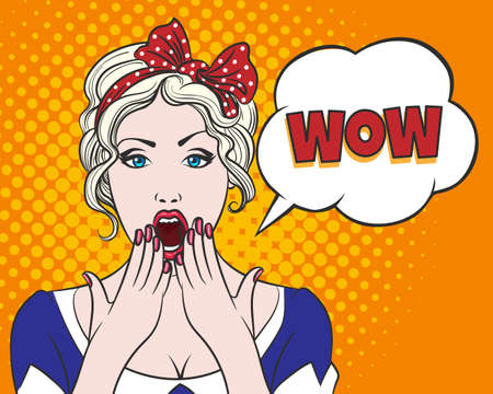 Pop art surprised pretty blond woman face with open mouth. Comic woman with speech bubble. Vector illustration.のイラスト素材