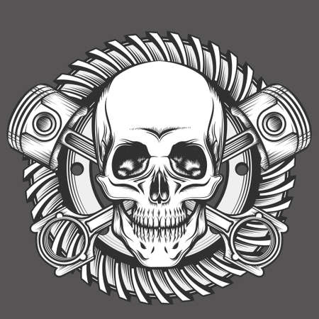Vintage Skull With Crossed Piston and Motorcycle Gear Emblem. Biker Club or Motorcycles workshop design element. Vector illustration in engraving style.のイラスト素材