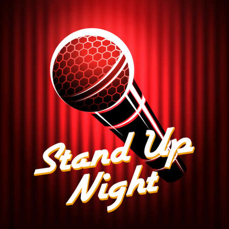 Microphone emblem against red curtain background with wording Stand Up Night. Comedian night show or battle party design. Vector illustration.のイラスト素材