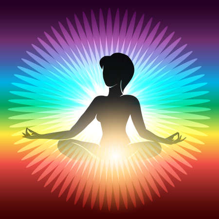 Woman sitting in half lotus pose for meditation against rainbow background. Vector Yoga meditation illustration.のイラスト素材