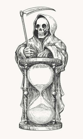 Death in hood with with a scythe and hourglass. Vector illustration in engraving style.のイラスト素材