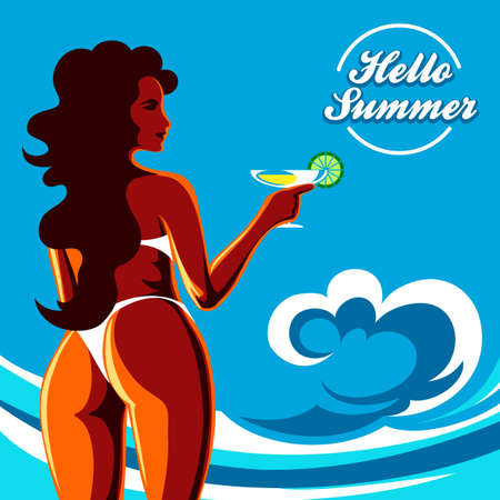 Beautiful girl in bikini with cocktail drawn in retro poster style. Vector illustration.のイラスト素材