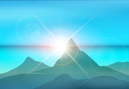 Mountains and sea at sunrise. Island morning landscape. Vector illustration.のイラスト素材