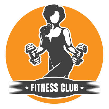 Fitness Club logo or Emblem. Woman holding dumbbells doing a work out. Vector illustrationのイラスト素材