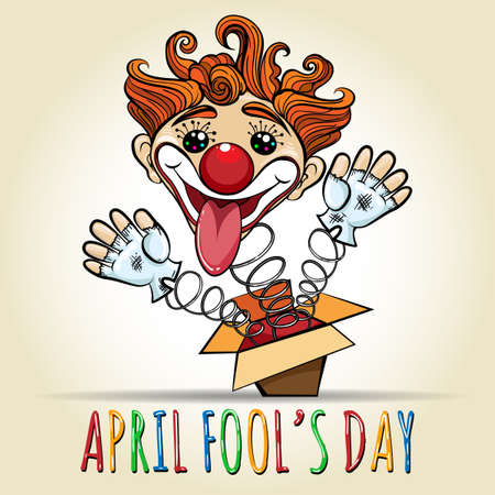 Happy April Fool's Day Illustration. Toy Clown springing out of a box. Vector illustration in cartoon style.のイラスト素材