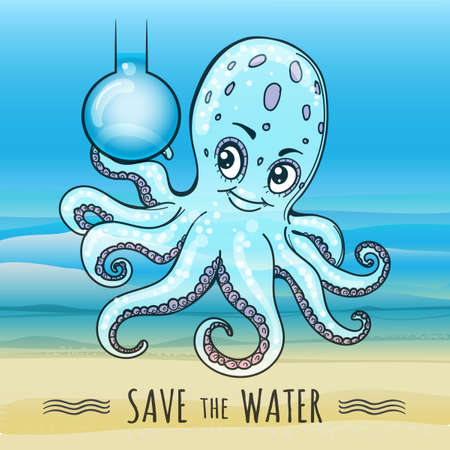 Save the Water poster in cartoon style. Funny octopus hold flask of fresh water. Vector Illustration.のイラスト素材