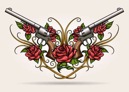 Pair of crossed guns and rose flowers drawn in tattoo style. Vector illustration.のイラスト素材