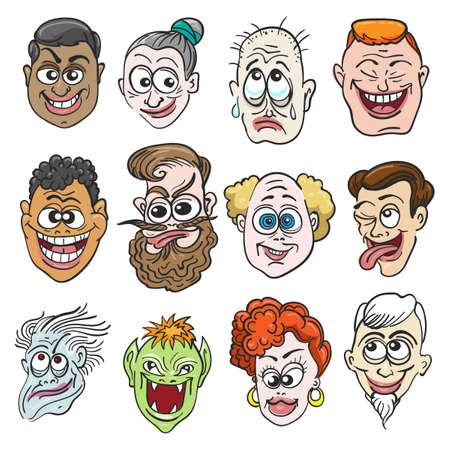 Doodle Faces Set in cartoon style. Twelve various emotions or face expressions.のイラスト素材