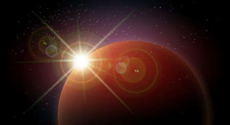 Star rise over the planet in the night sky space. Colorful Space background. Vector illustrationのイラスト素材