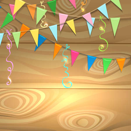 Garlands of flag and serpentine ribbons on wooden surface. Holiday poster with place for your message.のイラスト素材