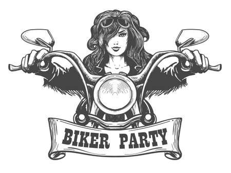 Sexy girl ride a motorbike. Biker party poster design. Vector illustrationのイラスト素材