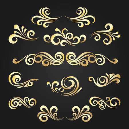 Set of Golden decorative curly shapes. Vintage elements drawn in victorian style for your design. Vector illustration.のイラスト素材
