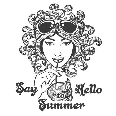 Girl drinking a cocktail from seashell. Summer vacation vector illustration in hippie style. Isolated on white.のイラスト素材