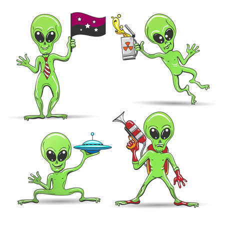 Cartoon funny aliens set. Green skin aliens with a laser gun, alien uranium beer, pocket flying saucer and galaxy flag.のイラスト素材