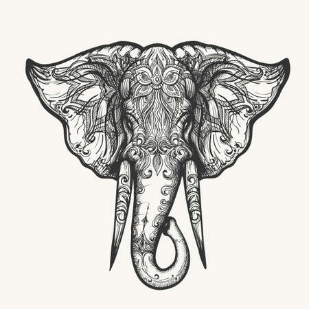 Elephant Head in Henna style. Hand drawn black and white zentangle vector illustration.のイラスト素材