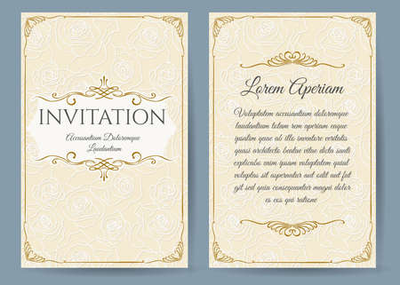 Baroque invitation card in vintage style. Floral decorative elements on rose flower background for anniversary.のイラスト素材