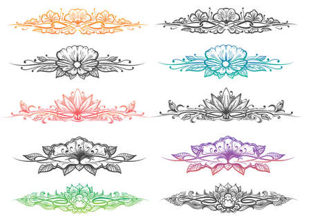 Set of hand drawn dividers and headers. Leaves, flowers, curly branches isolated on white. Ornate design elements. Vector illustration.のイラスト素材