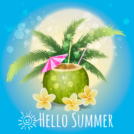 Exotic Cocktail and tropical flowers against palm tree leaves. Hello Summer Holiday vector illustration.のイラスト素材