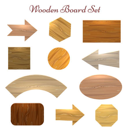 Wooden sign board label set. Eleven various shapes and types of wood sign boards for price, sale stickers, banners etc. Vector illustration.のイラスト素材