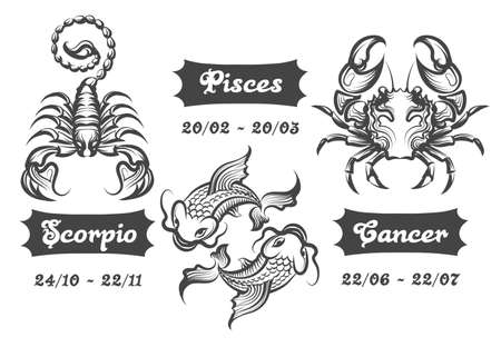 Set of Water Zodiac signs. Scorpion, Fishes and Cancer drawn in engraving style. Vector illustration.のイラスト素材