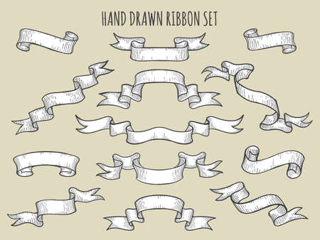 Set of ribbons drawn in engraving style. Vintage engraving elements for menu, poster, web and label. Hand drawn vector illustration isolated on white.のイラスト素材